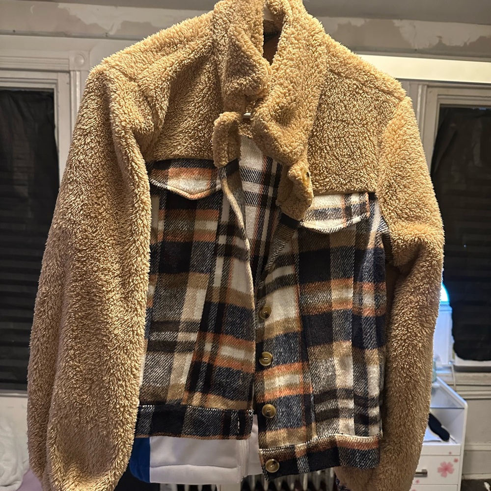 SHEIN Tan Sherpa and Plaid Jacket